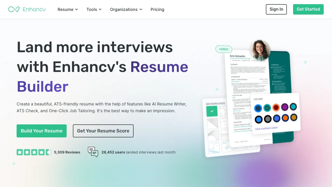 Enhancv's homepage with two buttons, Build Your Resume and Get Your Resume Score, next to a sample resume
