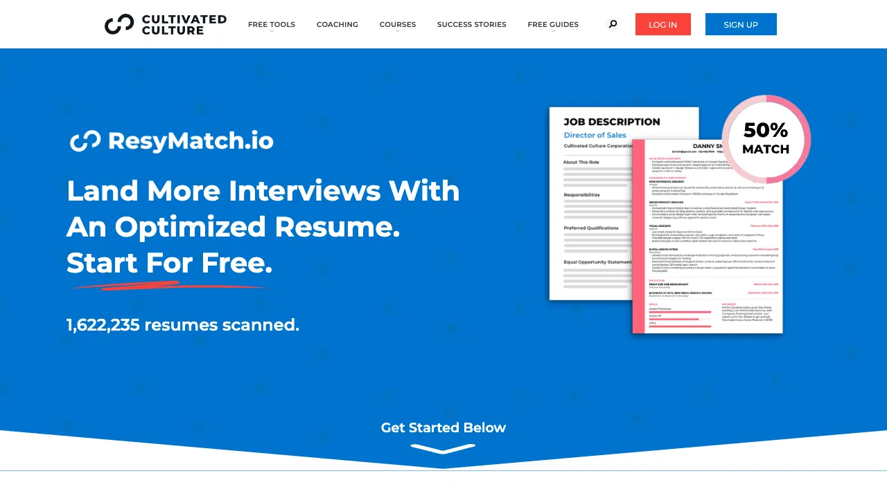 ResyMatch.io's scanner, now hosted on Cultivated Culture, showing a sample resume with a 50% match badge