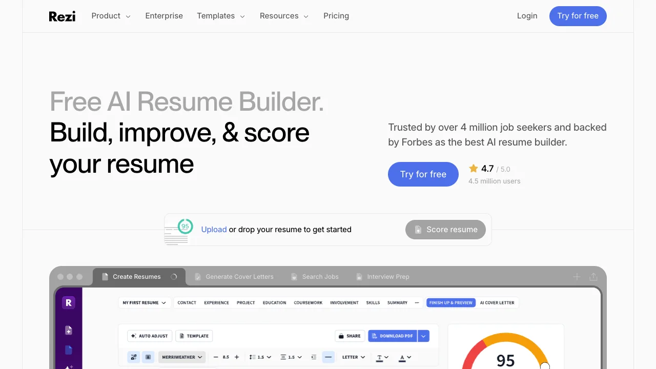 Rezi's homepage with a Score resume upload box and a preview of the builder showing a Rezi Score of 95 out of 100