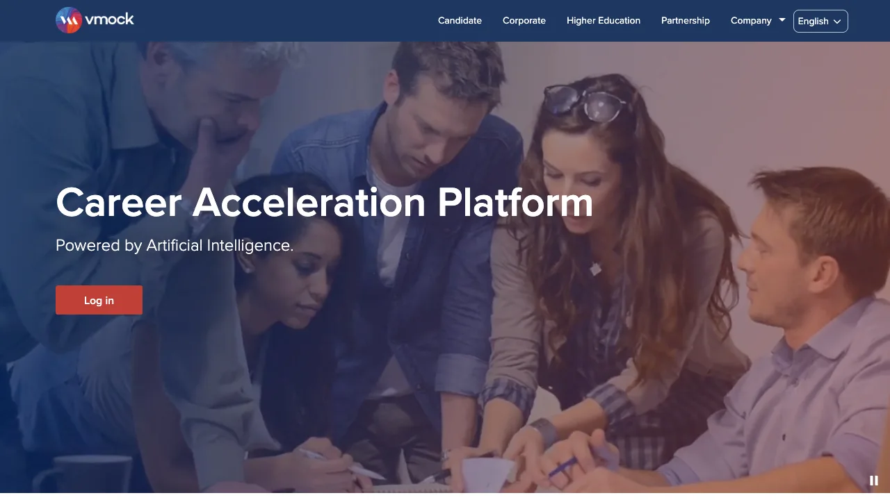 VMock's homepage, headed Career Acceleration Platform, with a Log in button and navigation for Candidate, Corporate and Higher Education