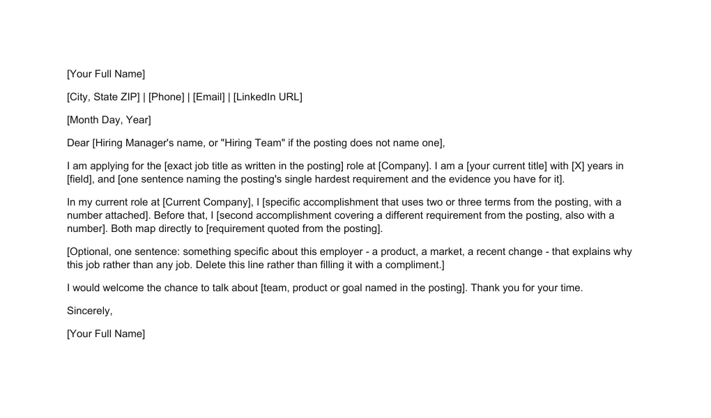 ATS-friendly cover letter template on a US Letter page: a single column of plain paragraphs, with the name, contact line and date in the body of the letter rather than in a page header