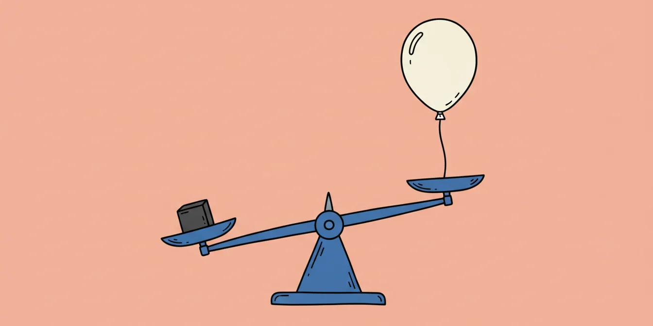 A balance scale tipping down under one small solid cube while a large inflated balloon rides high on the other side, illustrating which resume screening claims actually carry weight