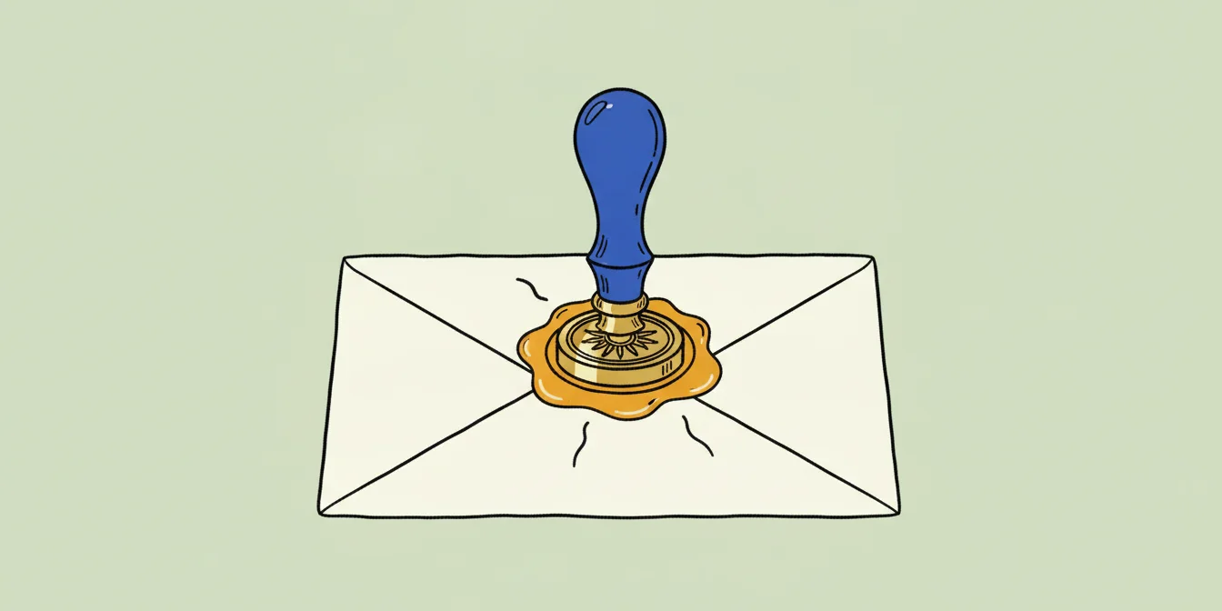 A brass wax seal stamp pressing into a blob of amber wax on a folded envelope, the moment a letter is finished and sent