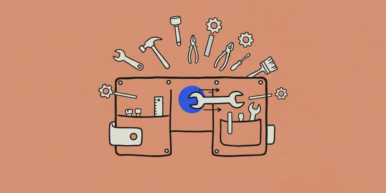An open toolbelt with a neat row of tool icons fanning out from a central node - a curated kit of the best AI tools for job seekers