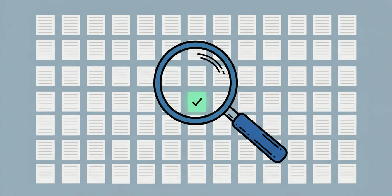 A magnifying glass sweeping across a grid of resumes, one lighting up with a green check - the best ATS resume checker spotting the resume that passes