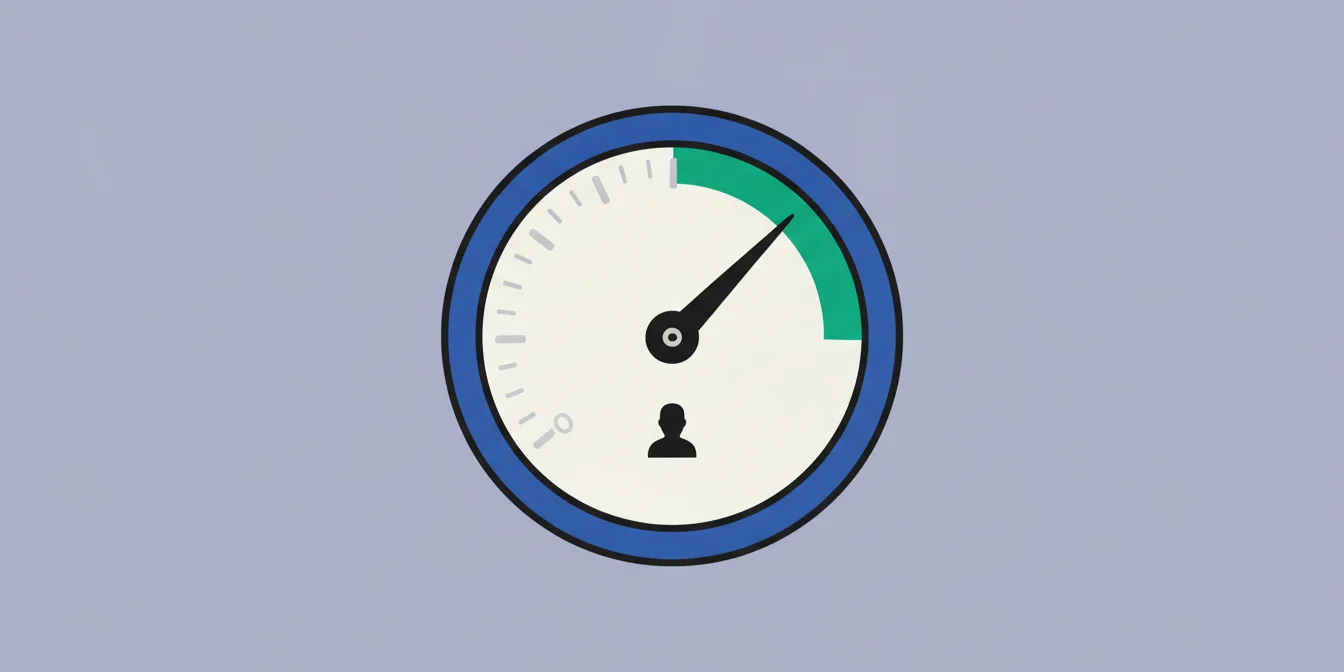 A circular gauge with the needle sweeping into the green zone above a profile badge - the best LinkedIn profile checker scoring a strong profile