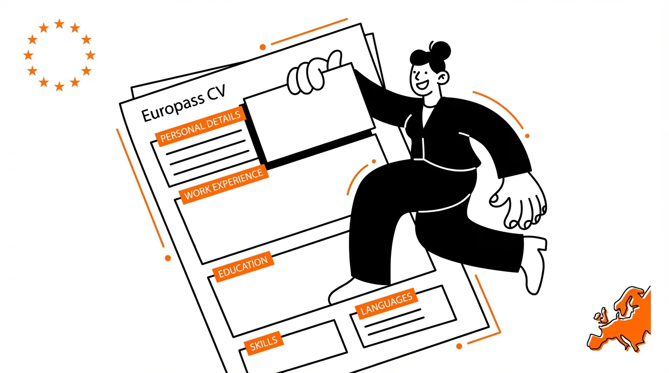 Illustration of a Europass CV template showing Personal Details, Work Experience, Education, Languages and Skills sections with EU stars in the background