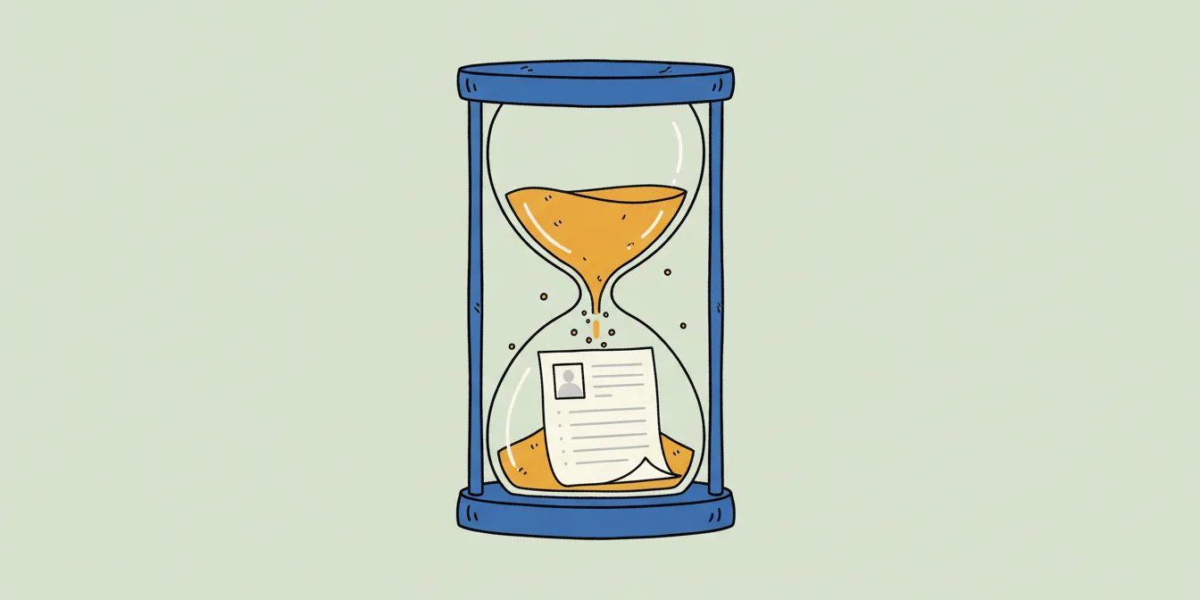An hourglass whose falling sand gathers into a single crisp resume page, illustrating time invested becoming one strong application