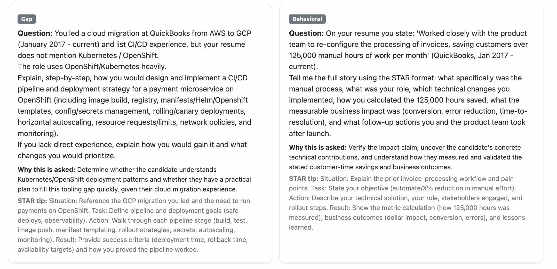 Interview preparation tool interface showing STAR method responses