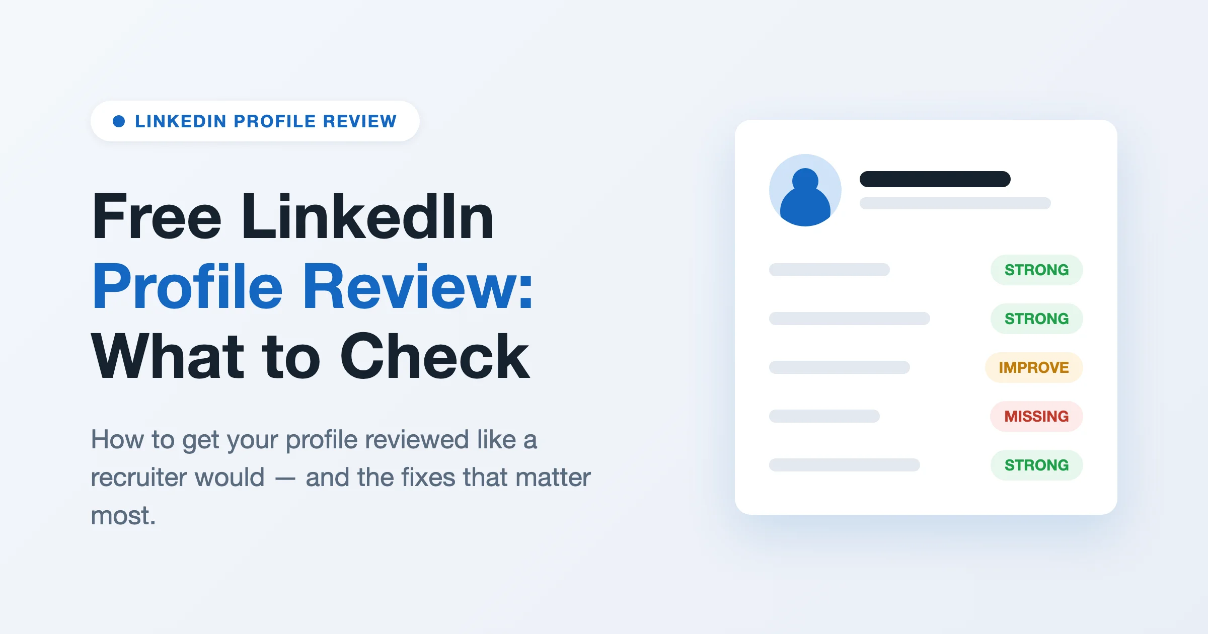 LinkedIn profile review card showing section-by-section verdicts of strong, improve, and missing next to a profile