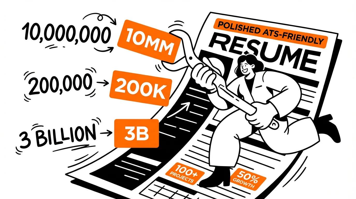 Illustration showing how large numbers like 10,000,000 and 200,000 are abbreviated to 10MM, 200K on a polished ATS-friendly resume