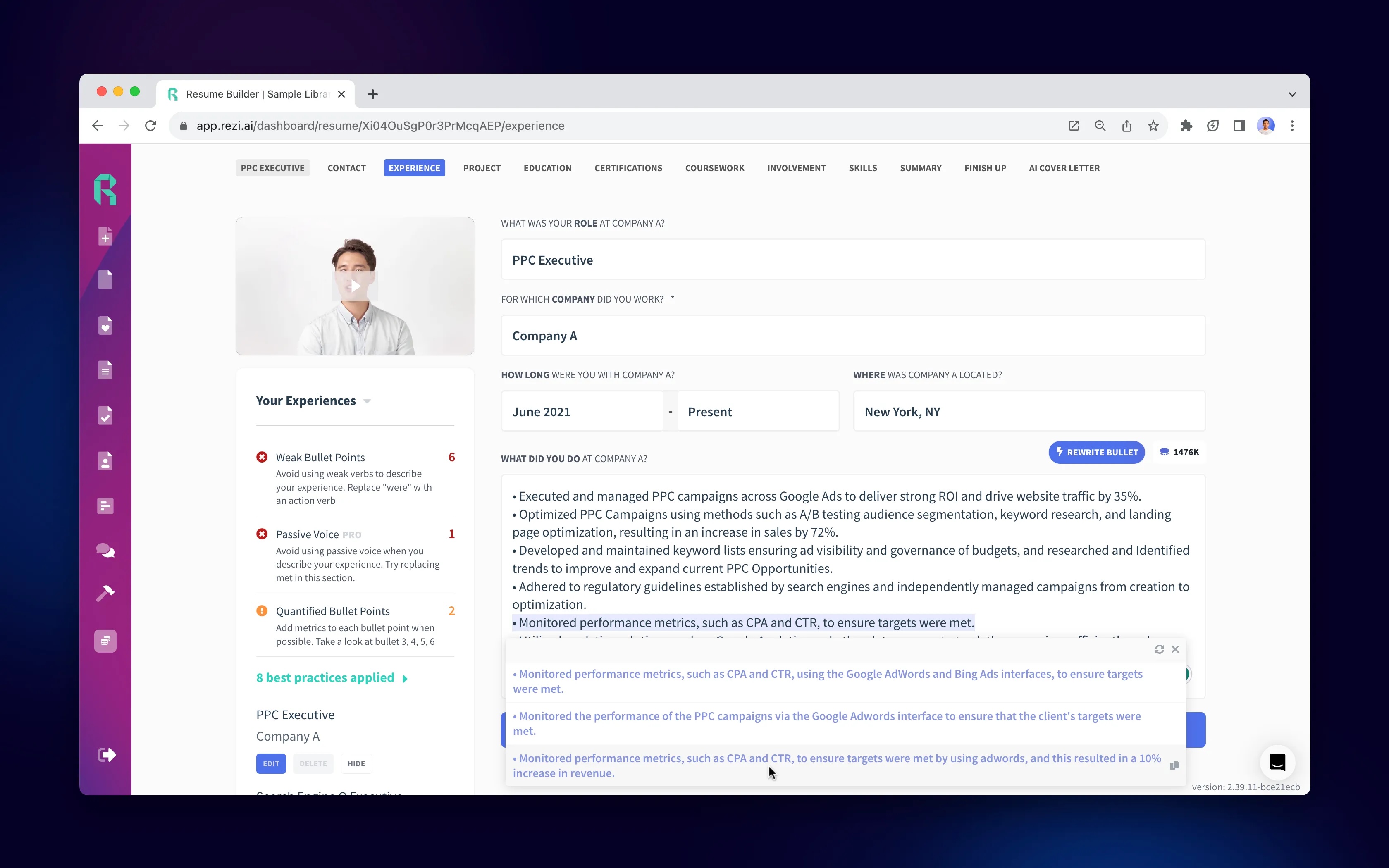 Resume builder interface with photo integration