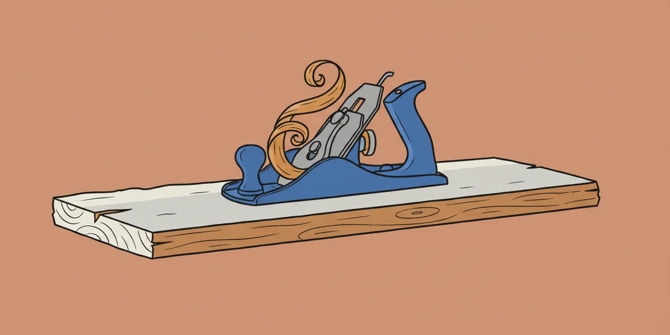 A carpenter's hand plane taking a long curled shaving off a rough board, leaving the surface behind it smooth