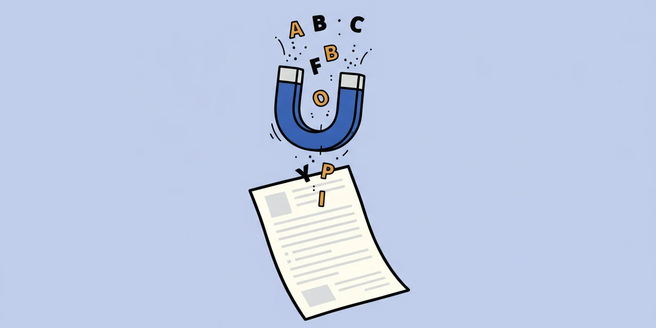 A magnet lifting individual letters off a resume, illustrating how an applicant tracking system extracts text from your resume