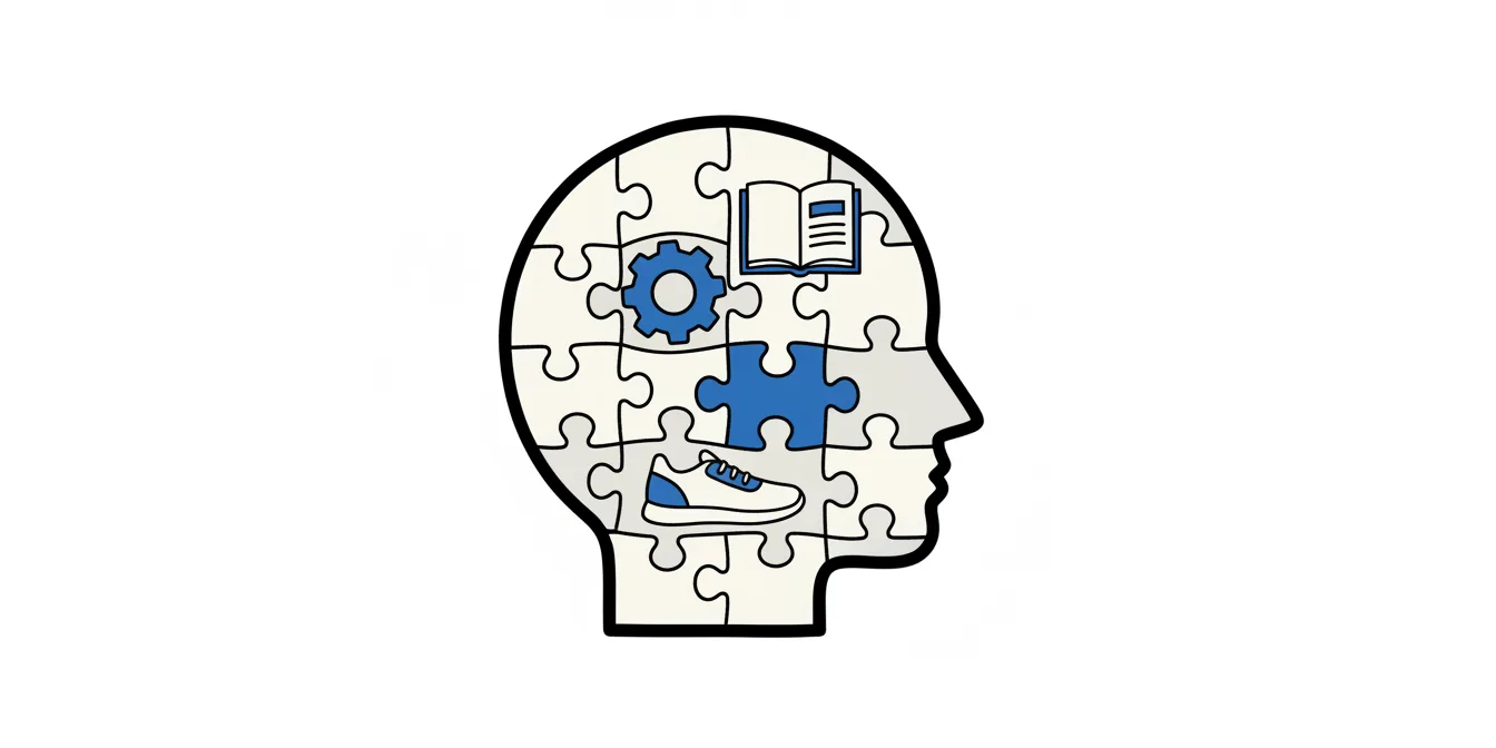 A close-up of a jigsaw puzzle, where some pieces are distinct icons representing hobbies like a small barbell, a paintbrush, or a chess piece, seamlessly integrating into a larger, professional-looking image.
