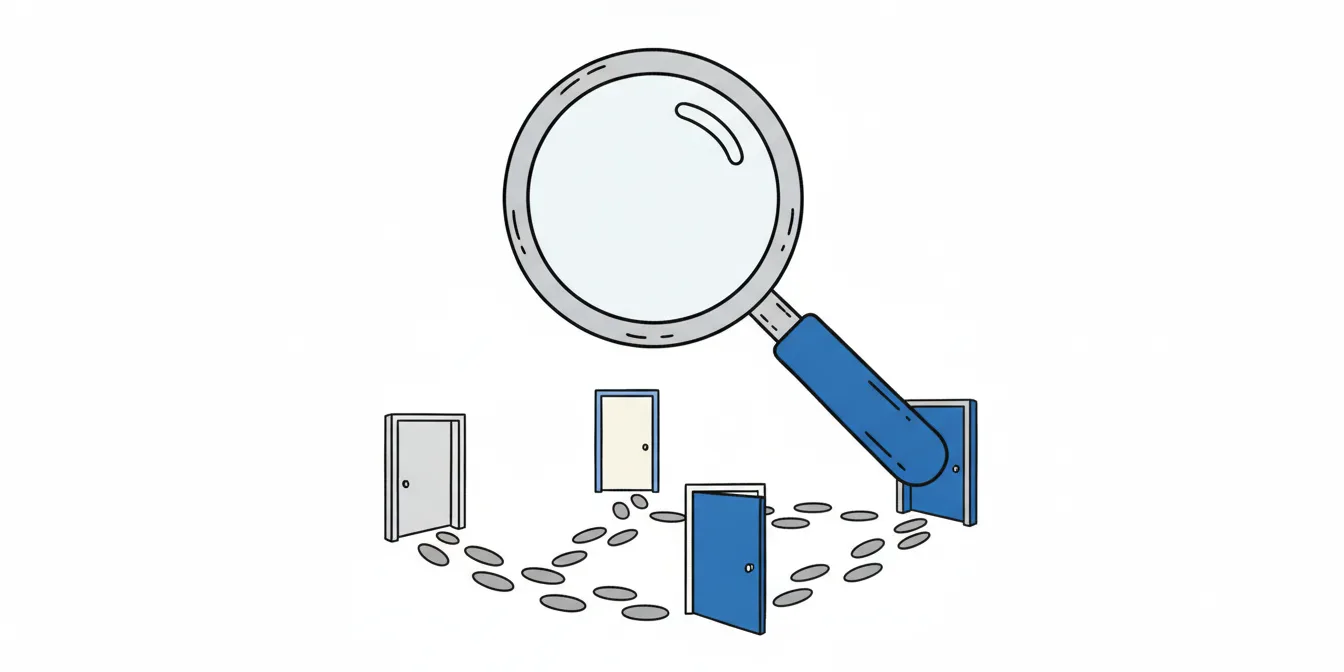 A magnifying glass enlarging a web browser's URL bar, showing different distinct web addresses for job applications, representing the process of identifying an ATS.